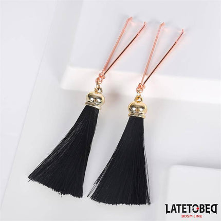 Nipple Clamps with Tassel from Latetobed BDSM Line featuring durable metal clamps and black fringe tassels for intense play.