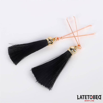 Nipple Clamps with Tassel by Latetobed BDSM Line, featuring black fringe tassels for adventurous couples play.