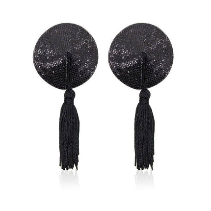 Nipple Covers Self-adhesive Black with tassels, BDSM Line, shiny finish.