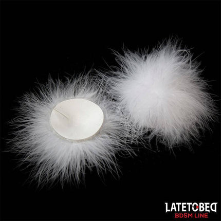 Nipple Covers with Feather, self-adhesive fashion accessory from Latetobed's BDSM line with feathered long-hair finish.