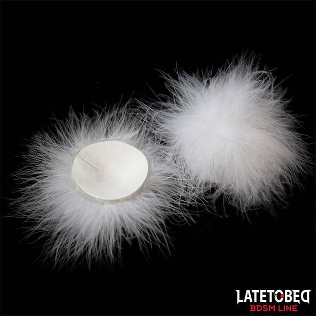 Nipple Covers with Feather, self-adhesive fashion accessory from Latetobed's BDSM line with feathered long-hair finish.