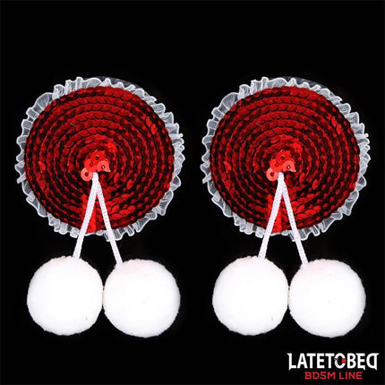 Nipple Pasties with Red Sequin Pom-Pom featuring white tassels for bold fashion from Latetobed BDSM Line