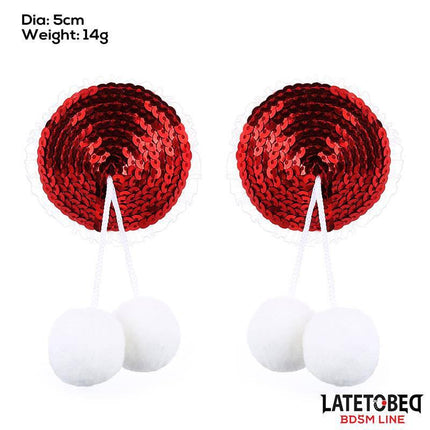 Nipple Pasties with Red Sequin Pom-Pom featuring white tassels for bold fashion from Latetobed's BDSM Line.
