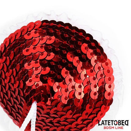 Nipple Pasties with Red Sequin Pom-Pom featuring white tassels from Latetobed's BDSM Line, designed for bold fashion and self-expression.