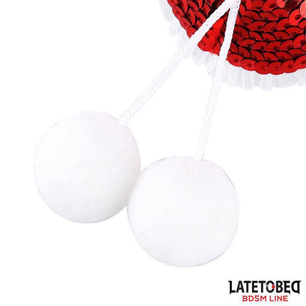 Nipple Pasties with Red Sequin Pom-Pom featuring playful white tassels from Latetobed's Bdsm Line