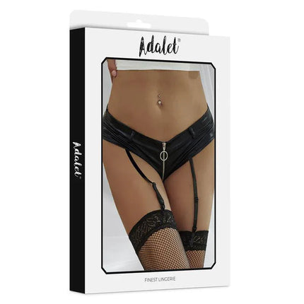 Nisa Panties with Garter and Zipper by Adalet, featuring a daring design with front zipper and garter belt style, in original packaging.