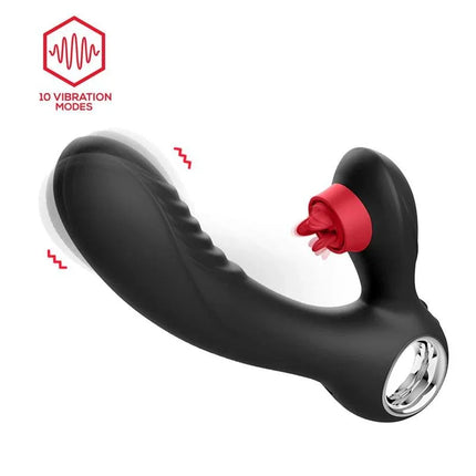 Niza Vibe with Heating and Clitoris Triple Tongue featuring 10 vibration modes, dual motors, and flexible clitoral stimulator.