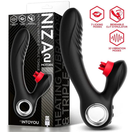Niza Vibe with Heating and Clitoris Triple Tongue dual-motor vibrator by Intoyou, with packaging, highlighting its features.