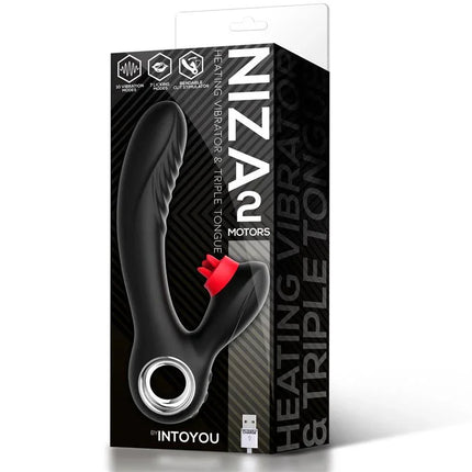 Niza Vibe with Heating and Clitoris Triple Tongue in packaging with black and red design from Intoyou