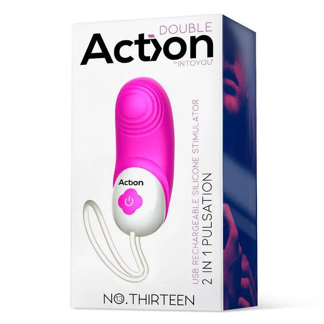 No. Thirteen Stimulator 2 in 1 Vibration and Pulsation packaging featuring compact design and intense G-spot stimulation benefits.