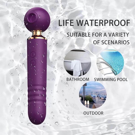 Purple waterproof massager with multiple settings, suitable for various scenarios like bathroom, swimming pool, and outdoor use.