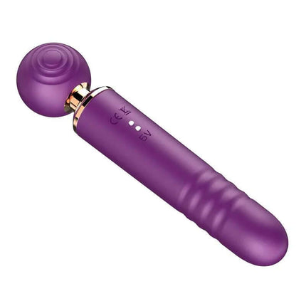 Purple massage wand with textured grip and rounded head on a white background.