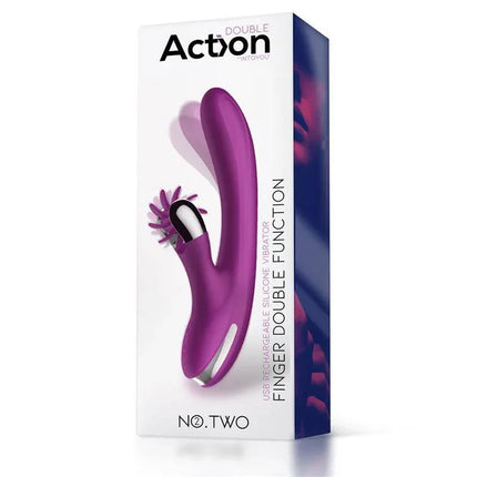 No. Two Finger Vibrator with Rotating Wheel in packaging, showcasing purple design and multifunctional features for pleasure.