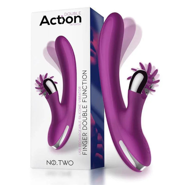 No. Two Finger Vibrator with Rotating Wheel in vibrant purple and sleek design shown with packaging.
