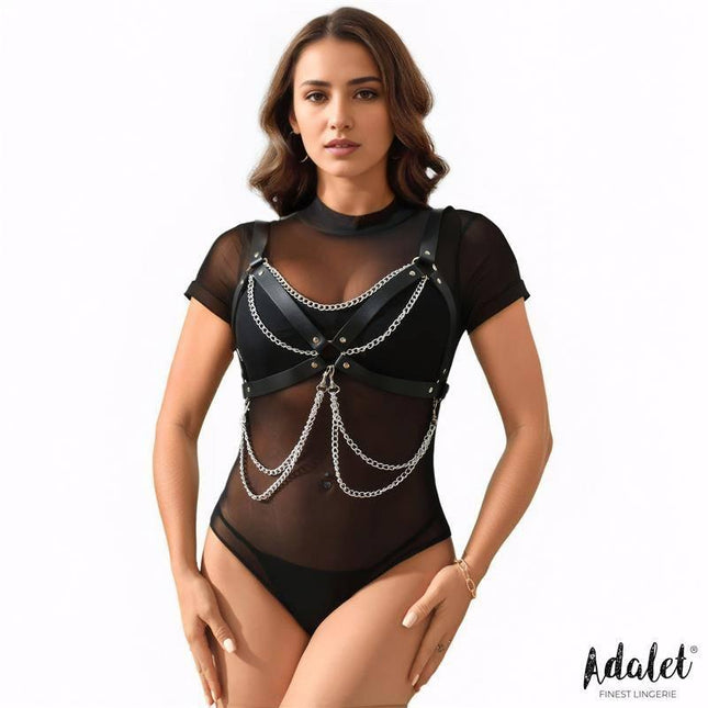 Model wearing Noelle Vegan Leather Chest Harness with Chain One size by Adalet over black outfit