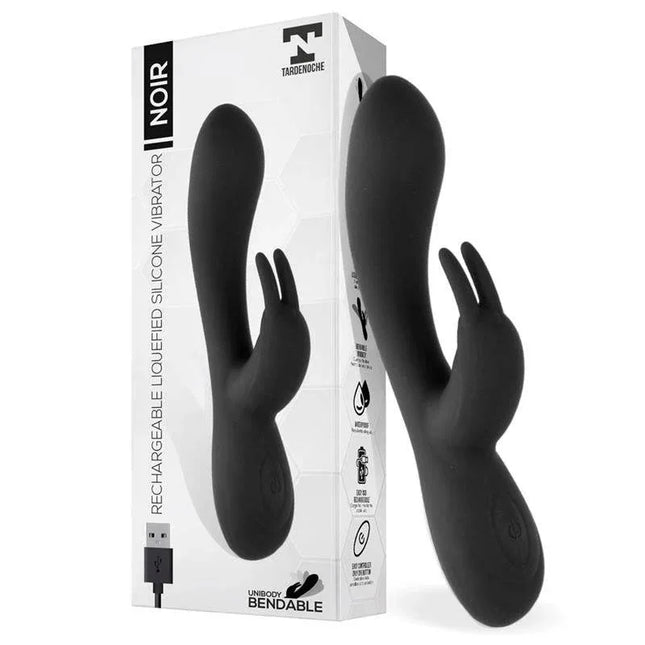 Noir Vibe Injected Liquid Silicone 2 Motors USB with box, showcasing sleek design and dual motors for enhanced pleasure.