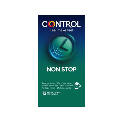 Non Stop Dots & Lines 12 uds condoms with stimulating dots, ridges, and benzocaine lubrication for delayed intimate pleasure.