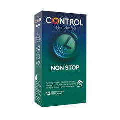 Non Stop Dots & Lines 12 uds condoms box featuring stimulating dots and ridges for enhanced pleasure.