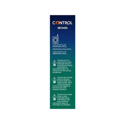 Packaging of Non Stop Retard 12 uds with product instructions and details in Spanish on a blue and green gradient background.