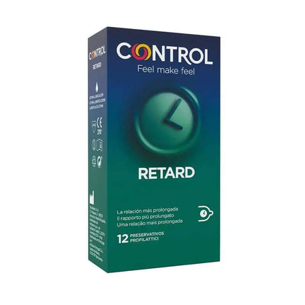 Non Stop Retard 12 uds box with delay function and internal lubrication for prolonged intimacy, featuring natural latex condoms.