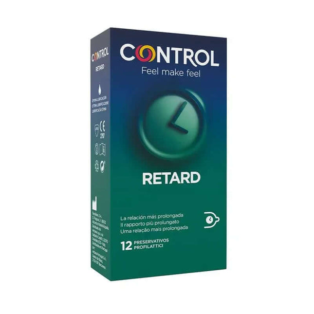 Non Stop Retard 12 uds box with delay function and internal lubrication for prolonged intimacy, featuring natural latex condoms.