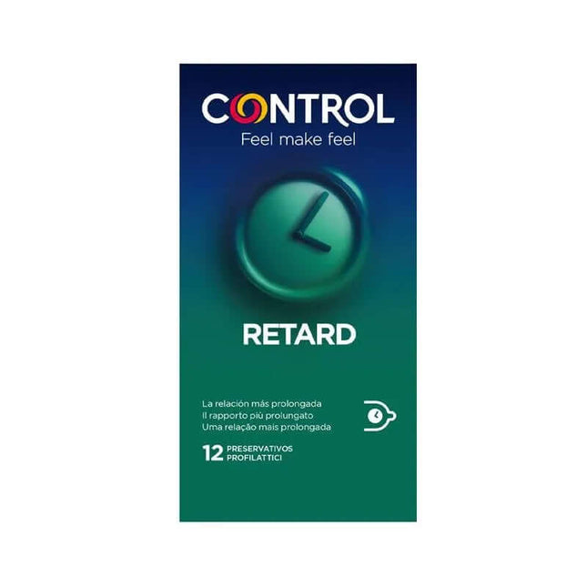 Non Stop Retard 12 uds pack featuring delay-lubricated condoms for extended pleasure, 12 transparent natural latex condoms with benzocaine.