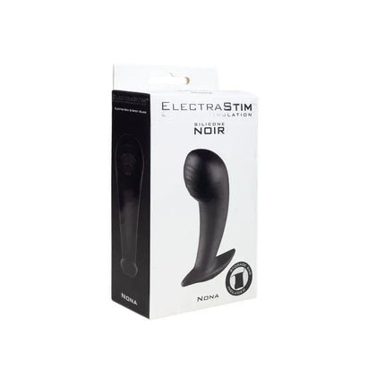 Packaging of Nona G-Spot Stimulator Silicone Noir electro-probe with tapered shaft and anchored base for internal stimulation.
