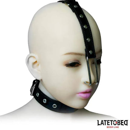 Nose Hook with Collar in black leather, adjustable design on mannequin showcasing bold, secure restraint for intense sensations.