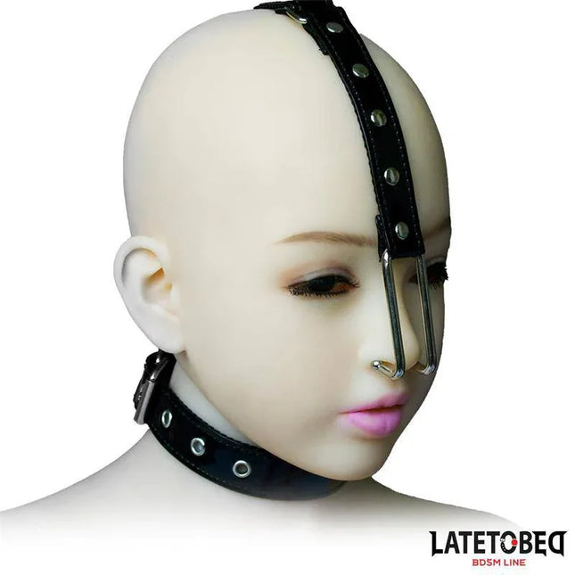 Nose Hook with Collar in black leather, adjustable design on mannequin showcasing bold, secure restraint for intense sensations.