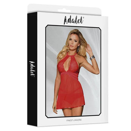 Nova Open Back Babydoll and Thong Red in packaging by Adalet, featuring a semi-transparent nightgown for intimate moments.
