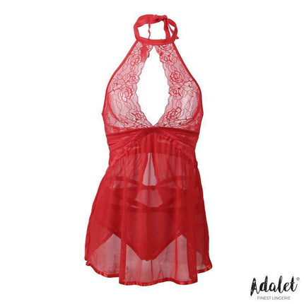 Nova Open Back Babydoll and Thong Red by Adalet, semi-transparent lingerie set for romantic evenings and boudoir shoots.