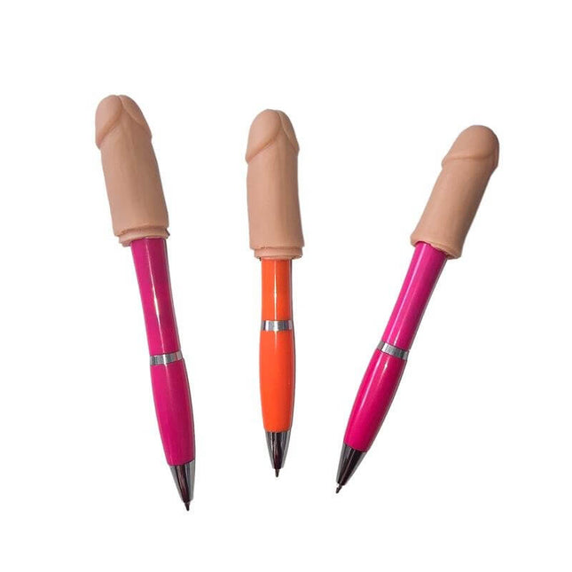 3 Penis Shaped Pens in pink and orange, novelty desk accessory