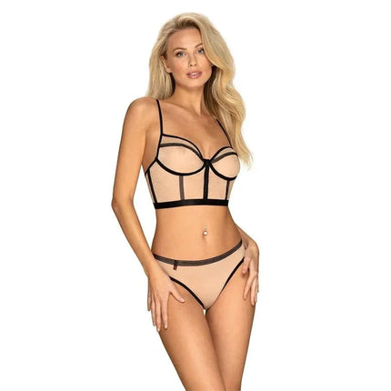 Woman wearing Nudelia 2 Pieces Set lingerie, featuring a bra with adjustable straps and a matching thong in nude and black colors.