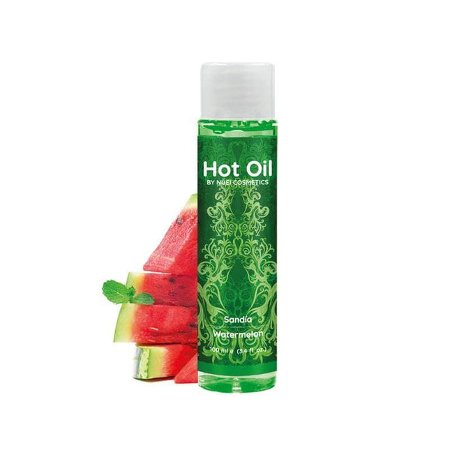 Nuei Hot Oil Warm Effec Watermelon 100 ml with watermelon slices, aphrodisiac properties, and kissable aroma.
