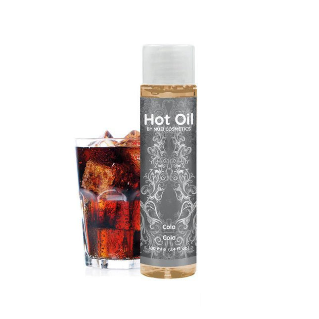 Image of Nuei Hot Oil Warm Effect Cola 100 ml with cola drink background, featuring a kissable and stimulating hot oil with ginseng extracts.