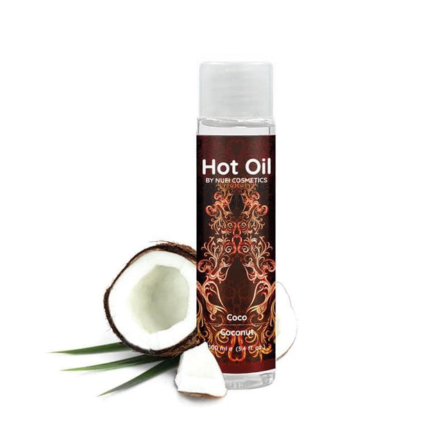Nuei Hot Oil Warm Effect Couconut 100 ml with coconut aroma and ginseng, enhances pleasure with kissable, stimulating properties.