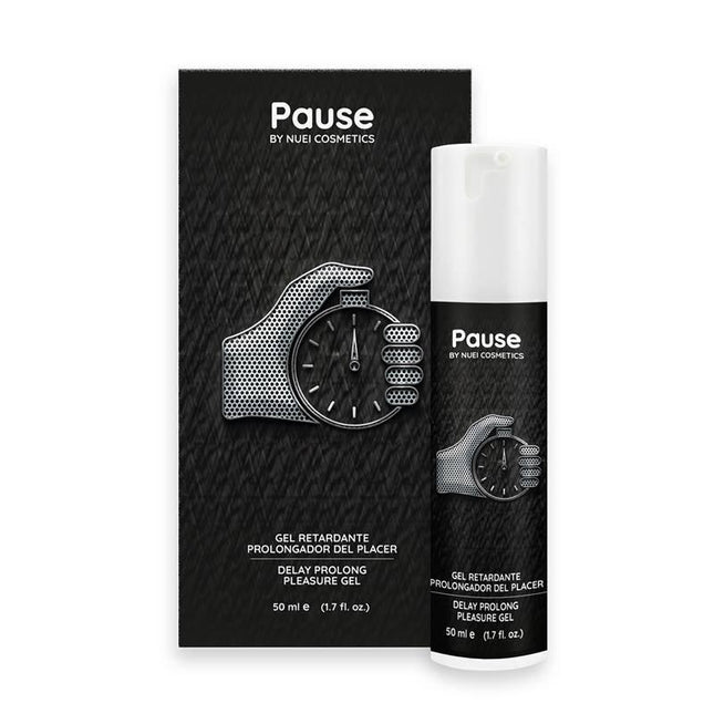 Nuei Retardant Gel Pause 50 ml packaging with delay prolonging formula for enhancing intimate moments.