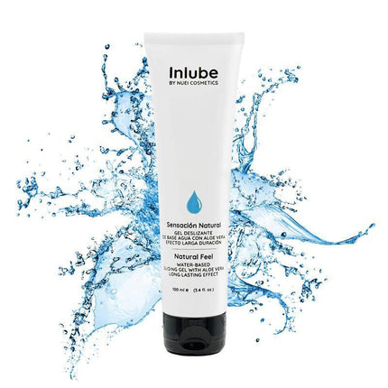 Bottle of Nuei Water Base Lub Inlube Neutre 100 ml premium lubricant with water splash effect, offering silky gel texture for comfort.