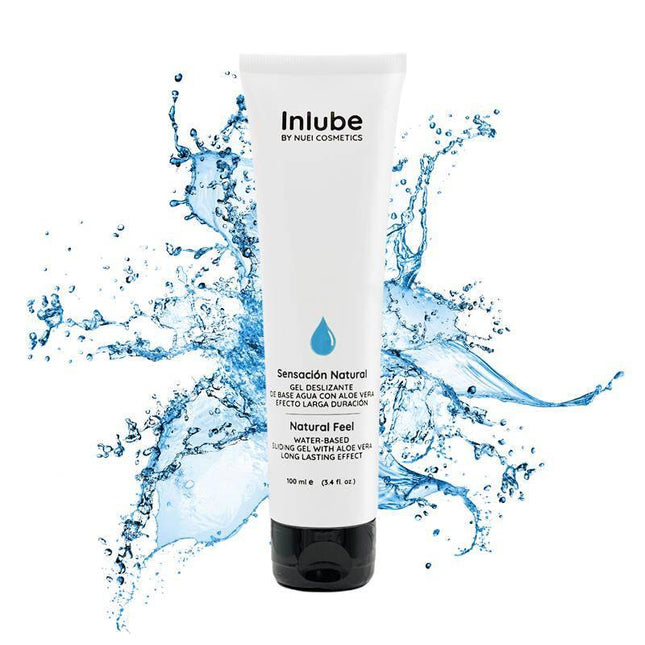 Bottle of Nuei Water Base Lub Inlube Neutre 100 ml premium lubricant with water splash effect, offering silky gel texture for comfort.