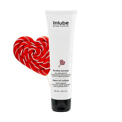 Nuei Water Base Lubricant Inlube Lollipop 100 ml tube with red lollipop in the background.