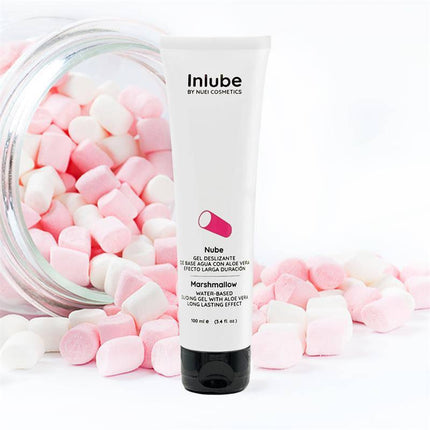 Nuei Water Base Lubricant Inlube Marshmallow 100 ml with marshmallows in background, water-based formula for smooth, long-lasting glide.
