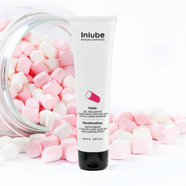Nuei Water Base Lubricant Inlube Marshmallow 100 ml with marshmallows in background, water-based formula for smooth, long-lasting glide.