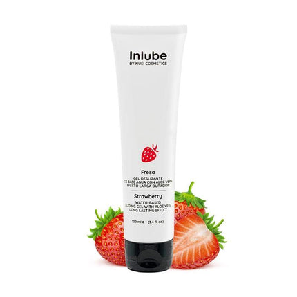 Nuei Water Base Lubricant Inlube Strawberry 100 ml bottle with fresh strawberries and aloe vera for silky, long-lasting glide.