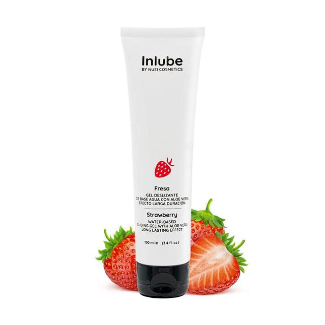 Nuei Water Base Lubricant Inlube Strawberry 100 ml bottle with fresh strawberries and aloe vera for silky, long-lasting glide.