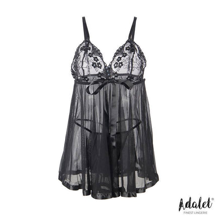 Numa Babydoll Lingerie Set Size 44-46 by Adalet in black lace and sheer fabric, featuring chemise and thong, romantic design.