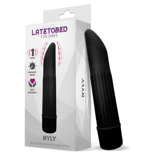 Nyly Multi-Speed Stimulator Black with rotating base and rounded tip for comfortable use, packaged in LATE TO BED box.