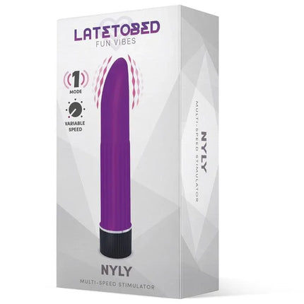 Nyly Multi-Speed Stimulator Purple with rotating base and rounded tip for comfort, shown in retail packaging.