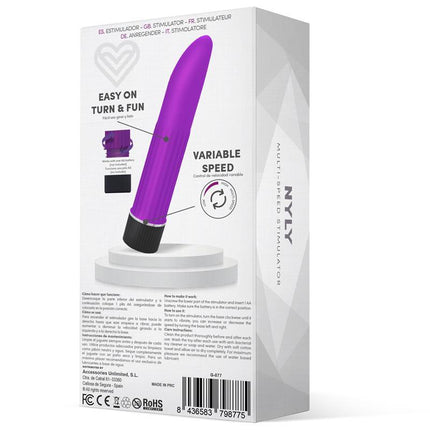 Packaging of Nyly Multi-Speed Stimulator Purple with variable speed and rounded tip features.