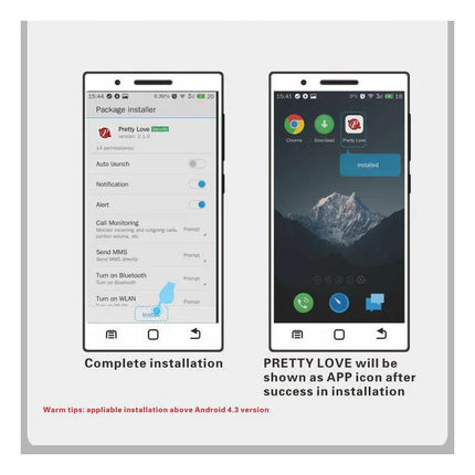 Screenshot of smartphone app installation process for Nymph Vibrating Egg with Movil APP, showing complete installation and app icon on screen.