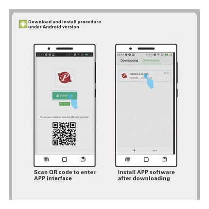 Download and install procedure for Android version, showing QR code scanning and installation steps on mobile app interface.